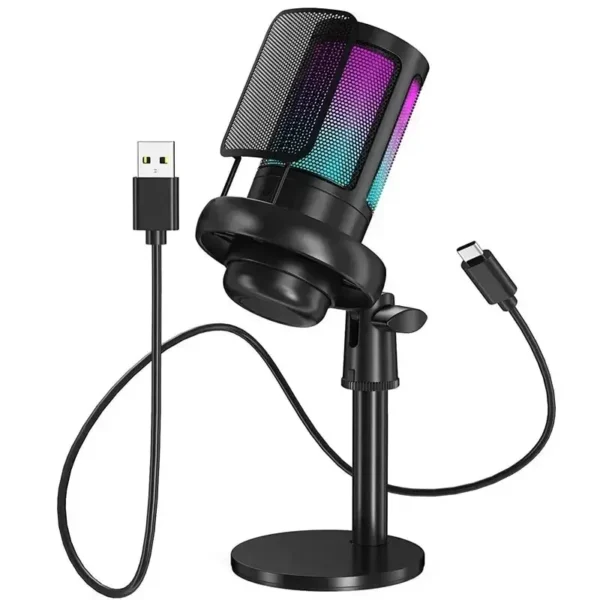 Microfone USB de estúdio profissional para PC, streaming, jogos, YouTube, vídeo, canto, jogos, gravação, PS4, RGB, anti-spray, microfone